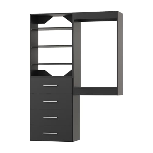 ROOMTEC Modular Closet System, 46" Wall-Mounted Closet Organizer with Drawers and Hanging Rods, Wooden Tower for Walk-In Closets, Wardrobe Storage Kit, Black - size: 46" Wide, style: Model 4