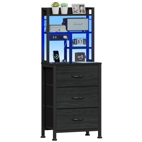 Furnulem Tall Night Stand with 3 Fabric Drawers and LED Lights, Nightstand with Bookshelf, 45.3inch Tall Bedside Tables with USB Ports in Bedroom, Dorm, Office,Metal Frame, Wood Shelves (Black Oak) - color: Black Oak, size: 3 Drawer