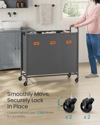 SONGMICS 3-Section Laundry Sorter, Laundry Hamper with Wheels, Rolling Clothes Hamper Cart with Large Capacity and Removable Bags, for Laundry Room, Bedroom, Bathroom, Slate Gray URLS330G01 - color: Slate Gray, size: 170 L