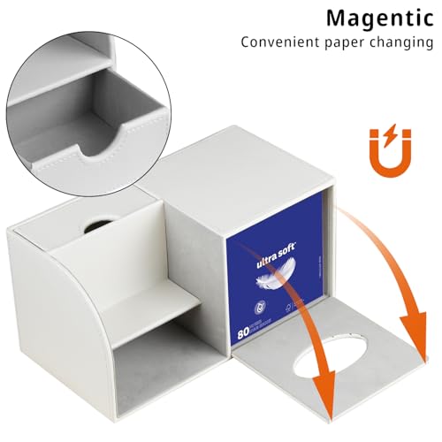 PUSU Square Tissue Box Cover with Storage Drawer, PU Leather Facial Tissues Cube Boxes Holder, Modern Makeup Remote Control Holder, Nightstand Organizer Caddy for Bathroom Vanity, Office, Home Decor - color: White Cowhide