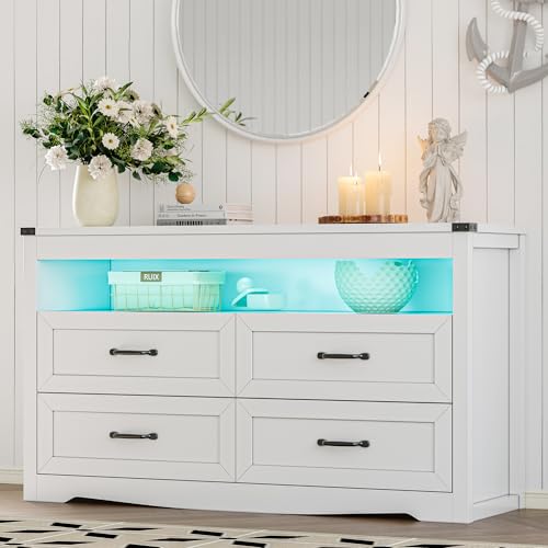 Dresser for Bedroom with 4 Drawers, Farmhouse Chest of Drawers with Natural Texture and LED Lights, Wide Wood Rustic Closet Storage Organizer, Modern Dresser TV Stand for Living Room, Entryway, White - color: White, size: 13.8"D x 47.2"W x 29.5"H (4 Drawe