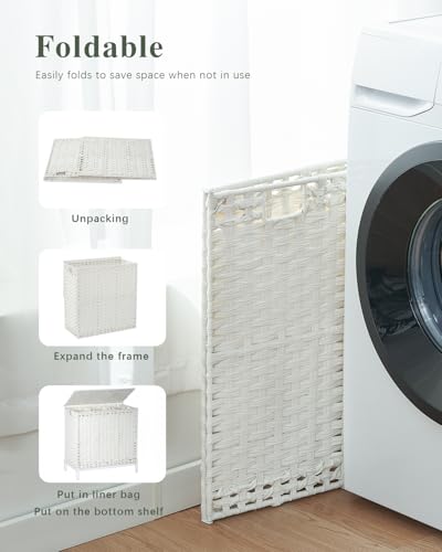 SETVSON Laundry Hamper with Lid,112 L Handwoven Rattan Wicker Laundry Basket, 2 Removable Liner Bags Metal Heightened Feet,6 Mesh Bags,2 Section Large Clothes Hamper for Bathroom Bedroom, Cloud White - color: Cloud White, size: 112 L - 29.6 gal