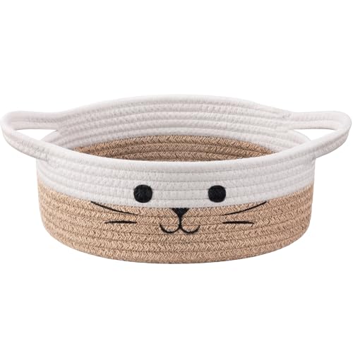 Cute Cat Toy Basket, Gift Baskets Empty for Home Decor, Soft Woven Basket for Living Room, Decorative Storage Baskets for Diaper Caddy, White & Brown, 9.8 x 4 inches - color: White & Brown, size: 9.8"W x 4"H