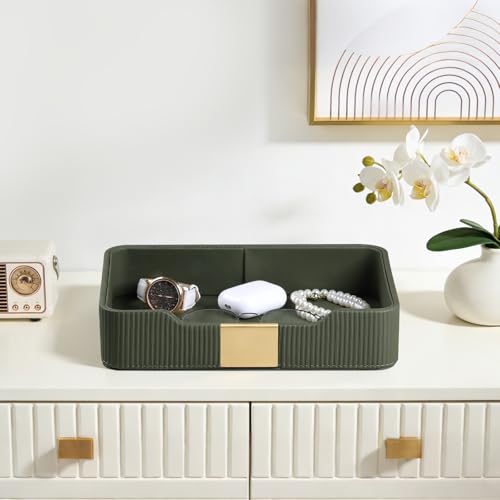 Valet Tray Desktop Storage Organizer, PU Leather Catchall Bedside Vanity Tray with Brass Accents Block Nightstand Organizer for Keys Watch Wallet Phone, Decorative Nightstand Storage (Green) - color: Green