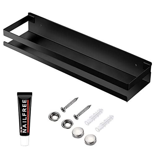 Rustproof Metal Storage Floating Shelves Wall Mounted Rectangular Shelf for Bedroom,Bathroom, Living Room, Kitchen, and Laundry Room,Nail-Free Wall-Mounted Shelves（15.75 Inch Black） - color: Black, size: 15.75in（40cm)