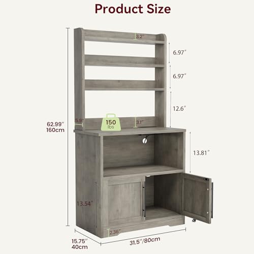 IDEALHOUSE Bakers Rack With Storage Cabinet, Microwave Stand With Power Outlets, Farmhouse pantry cabine With Thick Table Top, Small Kitchen Pantry Hutch Bakers Rack for Kitchen,Dining Room,Retro Gray - color: Retro Gray, size: with 2 Wood Door
