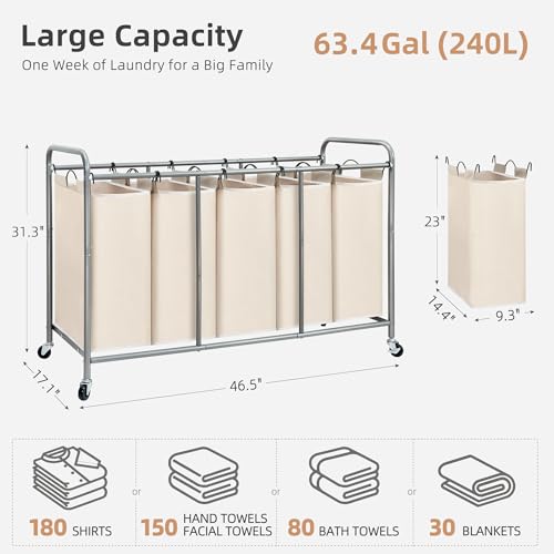 STORAGE MANIAC 5 Section Laundry Sorter, 5 Bins Rolling Separator Laundry Basket, Dirty Clothes Hamper Divider with Heavy Duty Rolling Lockable Wheels, Large Clothes Organizer Cart, Beige - color: Beige, size: 5 Section