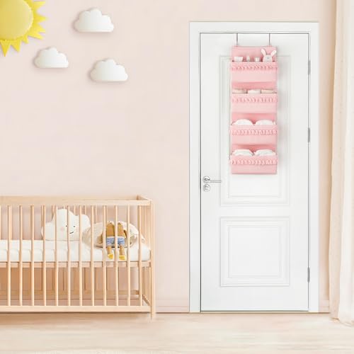 Dahey Over The Door Organizer Boho Nursery Storage Decor Closet Hanging Organizer with Tassels Decoration for Bedroom Nursery Bathroom Apartments Dorm Pantry, 4 Pockets, Pink - color: Pink, size: Medium