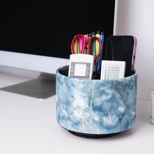 Round Leather Art Supply Organizer,Remote Control Holder,360-degree Rotating Pen Organizer with 4 Compartments(1-Marble Jade) - color: 1-Marble Jade