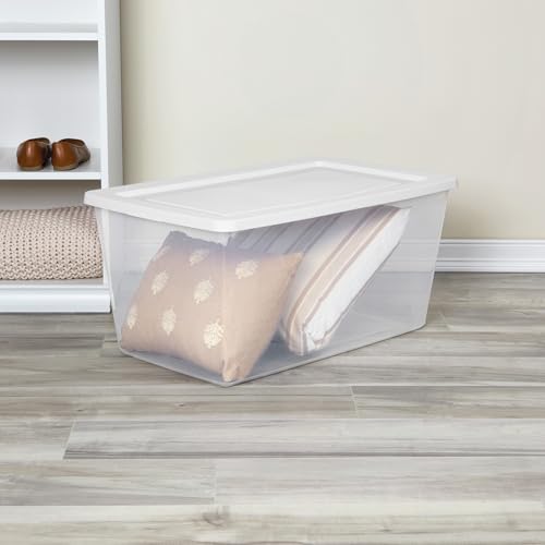 Sterilite 16 Pack Storage Box, 90 Quart Stackable Tote, Clear Plastic Container with Secure Snapping Lids for Home and Office Organization, White - size: 90 Quart, style: 16