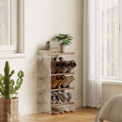 Shoe Rack, 4-Tier Slanted Shoe Storage Shelf, Narrow Shoe Rack for Entryway, Solid Wood and Acrylic Shoe Stand, Slim Shoe Shelf with Wooden Top ，Suitable for Bedrooms and Living Rooms - size: 48