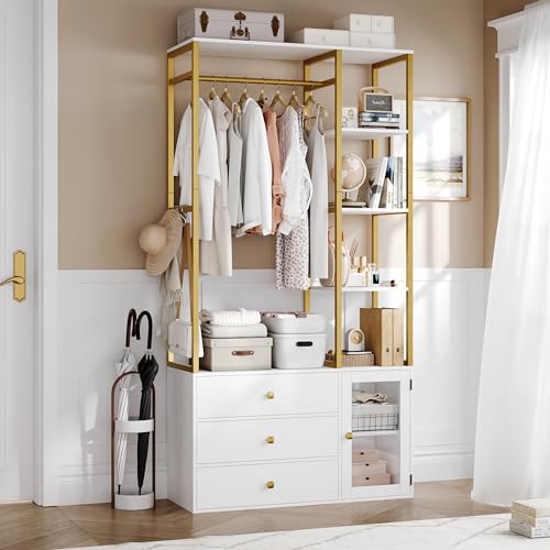 BOTLOG 2pcs Closet Organizer System, Wardrobe Closet with 3 Wooden Drawers, Clothes Rack with Hanging Rods and 4 Tiers Shelves, Garment Rack with Metal Frame, White and Gold
