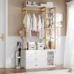 BOTLOG 2pcs Closet Organizer System, Wardrobe Closet with 3 Wooden Drawers, Clothes Rack with Hanging Rods and 4 Tiers Shelves, Garment Rack with Metal Frame, White and Gold