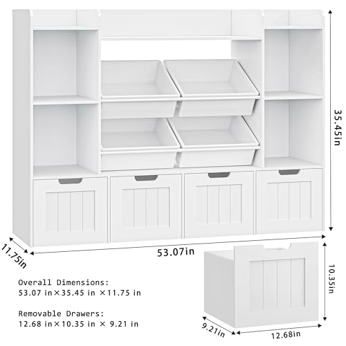 Toy Storage Organizer, Toy Organizer with 4 Movable Drawers and 4 Box Bins, Kids Playroom Storage Organization with Hidden Wheels for Living Room, Kids Room