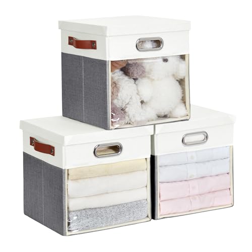Ultra Thick Fabric Storage Cubes with Lids & Windows, 11-Inch Foldable Closet Storage Bins with 3 Handles, Home Decorative Boxes for Bedroom, Living Room, Dorm, Office (Gray & White) - color: Gray&White, size: 11"L x 11"W x 11"H
