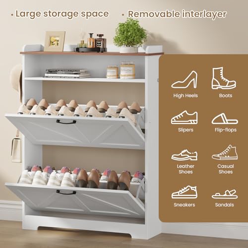 Shoe Cabinet Organizer with 2 Flip Drawers, Farmhouse Narrow Shoe Cabinet with 2 Adjustable Shelves & 2 Hooks, Shoe cabinet storage for entryway, Foyer, Hallway, White, 31.5"W x 8.7"D x 41.7"H - color: White + Brown, size: 2 Drawers with Shelf