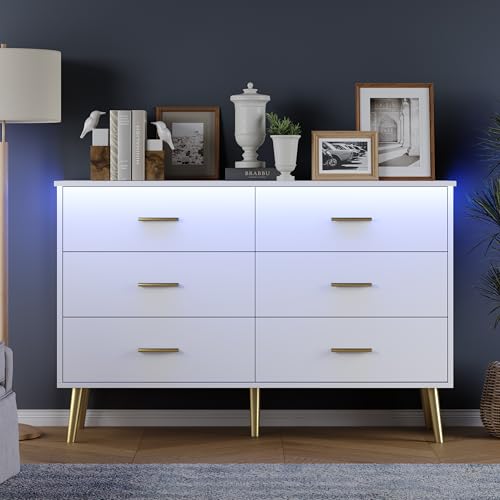White Dresser for Bedroom, Dressers & Chests of Drawers for Clothes Storage, Wood Dresser for Closet with 6 Drawers, Wide Long Clothes Organizer with LED Light for Hallway, Entryway, Metal Handles - color: White