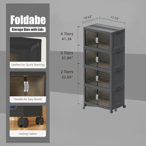 51QT Stackable Storage Bins with Lids & Wheels - Foldable Cabinet Clear Door Plastic Organizer Containers for Home, Garage, Pantry Organization - Collapsible Design Gray 4T - size: 51Qt/13Gal-4Packs/1Top Lid