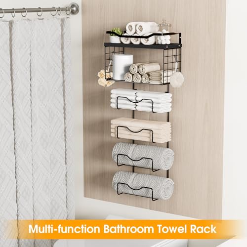 Towel Racks for Bathroom,Towel Rack Wall Mounted, 6 Tier Rolled Or Folded Towel Holder with Floating Shelves, Bathroom Towel Holder for Bath, Hand Towels,Metal and Wood,Full Black - color: Black Plank, size: J-type Black Rack