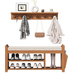 PETKABOO 39.4" Shoe Bench with Coat Rack Hidden Drawer and Side Holder, 2 Tier Entryway Bench with Storage, Bamboo Shoe Rack with Cushion for Entryway Hallway Living Room Bedroom - size: 39.4 in with Hook
