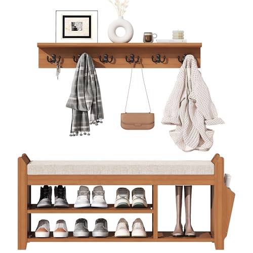 PETKABOO 39.4" Shoe Bench with Coat Rack Hidden Drawer and Side Holder, 2 Tier Entryway Bench with Storage, Bamboo Shoe Rack with Cushion for Entryway Hallway Living Room Bedroom - size: 39.4 in with Hook