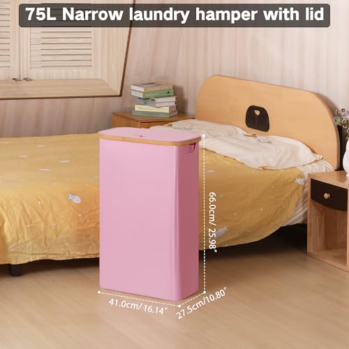 iEGrow 75L Slim Laundry Hamper, Narrow Laundry Basket with Lid,Foldable Clothes Hamper with Bamboo Handles,Hamper Basket with Removable Inner Bag for Laundry Room Bedroom College Dorm,19.8 Gals Pink - color: Pink, size: 75L