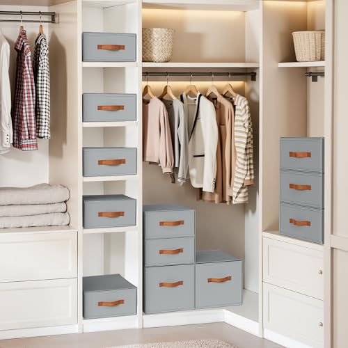 DIMJ Closet Organizers and Storage- Fabric Stackable Storage Drawers Shelf Organizer for Clothes, Underwear, Sweaters, Collapsible Storage Bins for Wardrobe, Bedroom, Shelves - color: Grey, size: 3 Pack - Large/X-Large