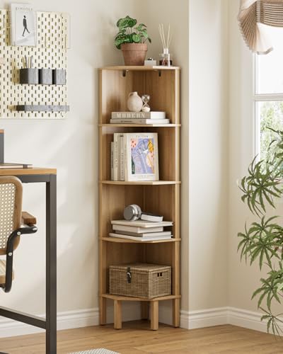 Corner Shelf, 5 Tier Corner Bookshelf, Display Corner Shelf Stand with Storage Rack, Wall Corner Bookshelf for Living Room, Bedroom, Office, Oak - color: Oak Without Light