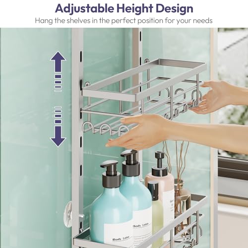 SWTYMIKI Over The Door Shower Caddy - 4 Tier Rustproof Hanging Shower Organizer with Adjustable Shelves, 40 Hooks & Soap Holder, Hanging Shower Rack Storage for Bathroom Accessories, Silver - color: Silver