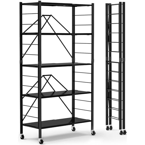 5 Tier Foldable Storage Shelves, Expandable Folding Shelving Units with Wheels, Changeable into 2 Shelf Units, Collapsible Adjustable Storage Rack Metal Shelves for Storage, Pantry, Garage, Kitchen - color: Black, size: 5-Tier