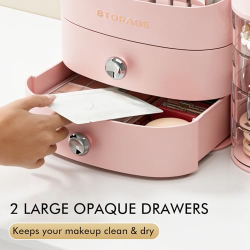 Makeup Organizer Countertop with Drawers, Make up Organizers for Vanity, Skincare Jewelry Earring Organizers, Cosmetic Display Cases Makeup Storage for Bedroom & Bathroom, Ideal Gifts for Women(Pink) - color: Pink
