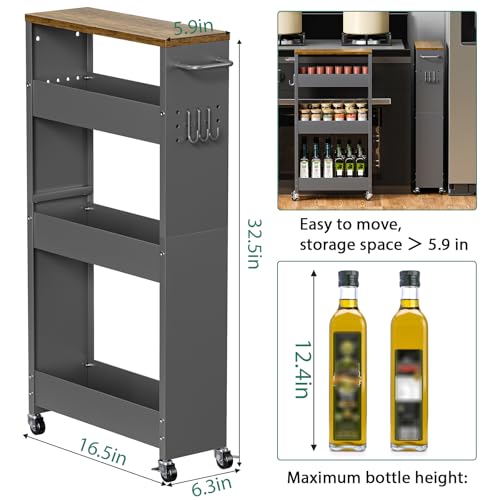 XYZLVSI Slim Storage Cart, 4 Tier Rolling Kitchen Cart on Wheels for Small Space, Narrow Laundry Bathroom Organizers Mobile Shelving Unit Metal Utility Cart with Handle, 5.9in Width, Gray - size: 5.9IN-Gray