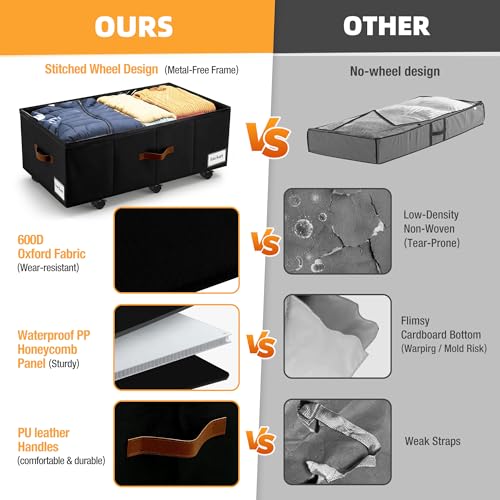 Under Bed Storage with Wheels,Underbed Storage with Sturdy Sidewalls/Bottom, Clear Cover, Label and PU Handle, Rolling Under Bed Drawers for Clothes, Shoes, 11 Inch Height,Black, 2 Pack - color: Black 2 Pack, size: 11 inch