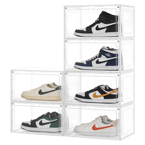 Upgraded X-Large Shoe Storage Boxes 6 Pack Clear Plastic with Magnetic Doors – Display Case Organizer & Sneaker Container Holds Size 12 Shoes, Easy Assembly Shoe Rack Holder - color: 6P