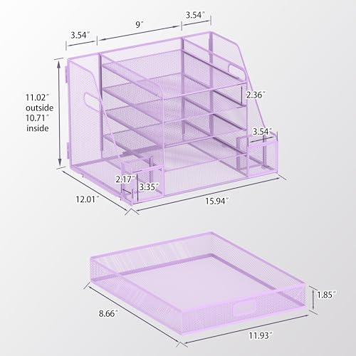 SUPEASY Mesh Desk Organizer with File Holder, 5-Tier Paper Letter Tray Organizer with Magazine Holder, Desktop Organizer and Storage with Drawer for Office Supplies Home or School (Purple) - color: Purple
