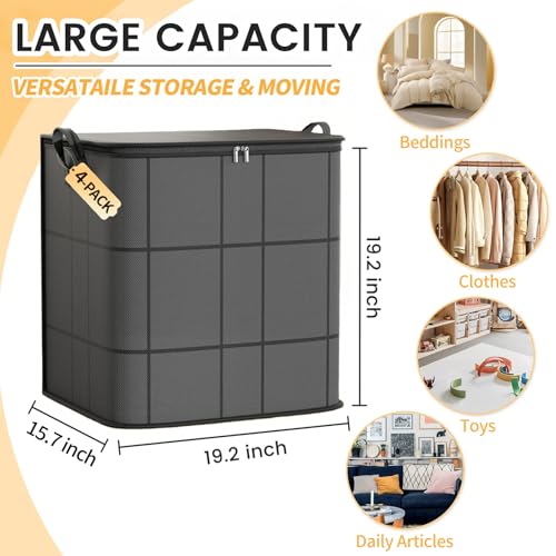 4 Pack Large Clothes Storage Bags, Comforter Storage organizers with lid, Clothing Storage Bins with Reinforced Handles, Sturdy Zippers, for Clothes & Bedding