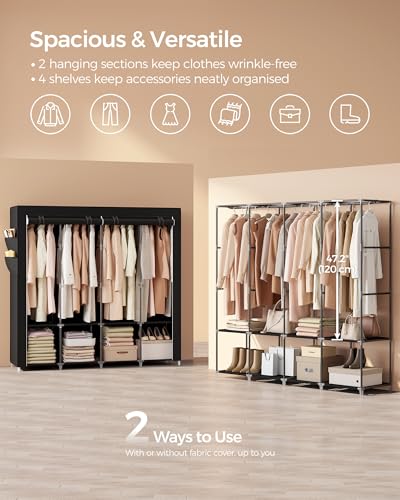 SONGMICS Portable Closet, Wardrobe Closet Organizer with Cover, 4 Hanging Rods and Shelves, 4 Side Pockets, 17.7 x 66.9 x 65.7 Inches, Large Capacity for Bedroom, Living Room, Ink Black URYG094B02 - color: Ink Black, size: 4 Tiers（66.9"L）