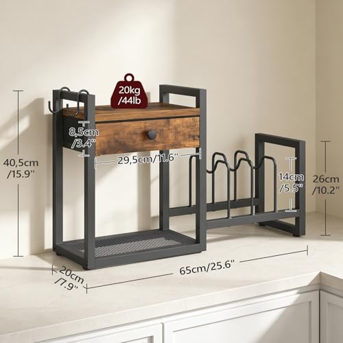 MAHANCRIS Countertop Shelf Organizer, Pots and Pans Organizer Rack, Pot Lid Holder with 1 Drawer, Pot Lid Organizer Holder with 2 Hooks, for Kitchen, Dining Room, Rustic Brown POHR2201 - color: Rustic Brown and Black