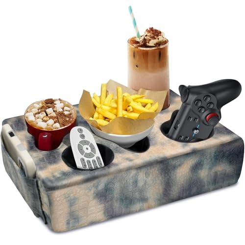 Couch Cup Holder Pillow, 5 Hole Couch Drink Holder! Keep Drinks Hand Side and Keep Temp, Prevent Spills and Use Anywhere. Cup Holder for Couch, Bed, Camping, RV, Car, Beach. Beige Gray - color: Beige Gray