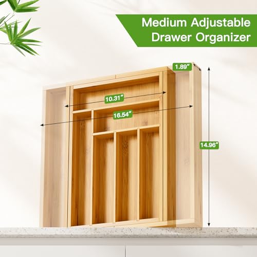 Pipishell Bamboo Expandable Drawer Organizer for Utensils Holder, Adjustable Cutlery Tray, Wood Drawer Dividers Organizer for Silverware, Flatware, Knives in Kitchen, Bedroom, Living Room(M-N) - color: Natural, size: Medium