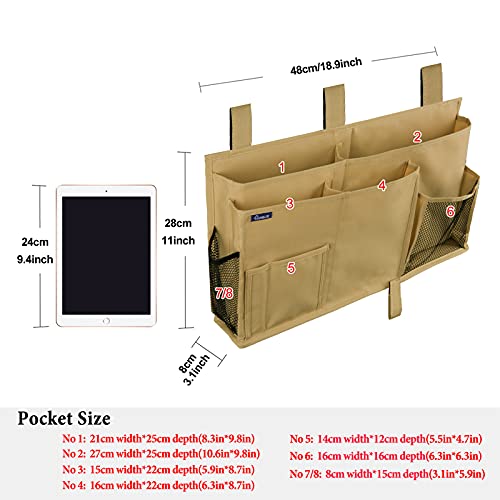 Surblue Bedside Caddy Hanging Bed Organizer Storage Bag Pocket for Bunk and Hospital Beds, College Dorm Rooms Baby Bed Rails,Camp 8 Pockets (Khaki) - color: Khaki, size: Large