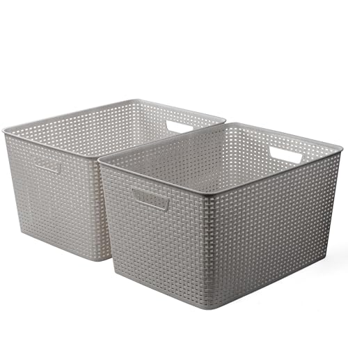 BINO | Plastic Storage Baskets, 45 Liter - 2 Pack, Natural Grey | THE WOVEN COLLECTION | Storage Basket for Shelves | Woven Storage Baskets for Organizing Bins | Pantry Shelf Organizer | Container Bin - color: Natural Grey, size: 45L | 2-Pack