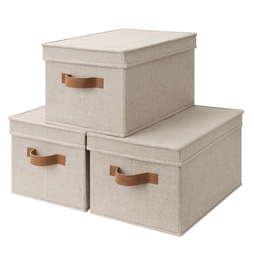 StorageWorks Storage Bins with Lids, Decorative Storage Boxes with PU Handles, Foldable Storage Baskets for Closet, Shelves, Stackable, Brown and Beige, Large, 3-Pack - color: Brown and Beige, size: Large