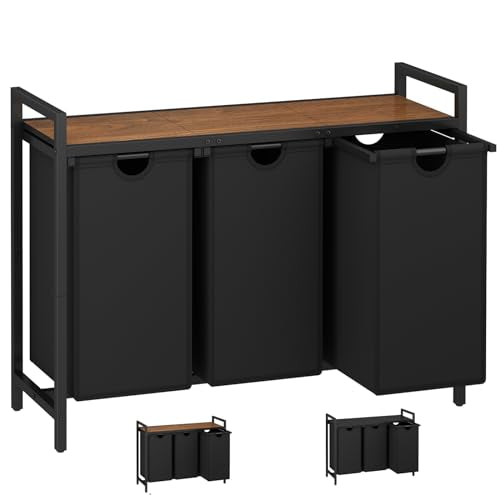 Laundry Hamper, Two -Color 3 Section Laundry Basket with 3 Removable Laundry Sorter Bags and Top Shelf, Clothes Hamper for Laundry Room, Bathroom - style: 3bags-Black Walnut