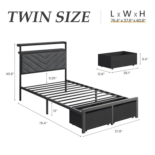 Fluest Twin Bed Frame with Storage Drawers, Upholstered Headboard with Charging Station, LED Lights, Fabric Drawers with Wheels, Under Bed Storage, No Box Spring Needed, Easy Assembly, Grey - size: Twin
