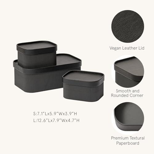 LA JOLIE MUSE Fluted Cardboard Storage Baskets with Leather-Like Lids, Paper Boxes Decorative Tray, Modern Basket Organizer Bins for Jewelry Shelve Bathroom Bedroom Organizing,Black, Set of 3 - color: Black