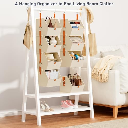 DIMJ Hanging Closet Organizer - 4 Tier Collapsible Hanging Shelves with Hooks Zipper, Fabric Clothes Organizer, Space-Saving Storage Bin Basket for RV, Bedroom, Laundry Organization - color: Beige, size: 8 Pack