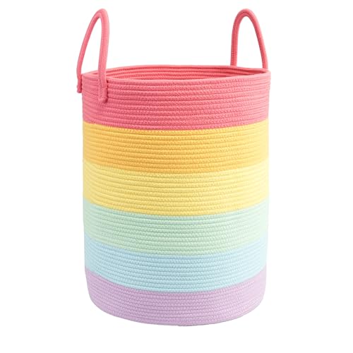 Woven Cotton Rope Laundry basket-15”X20” Laundry Hamper-Rope Storage Basket for Dirty Clothes, Toys and Blankets Perfect for Bathroom, Baby nursery and Living Room Storage (rainbow) - color: rainbow, size: regular