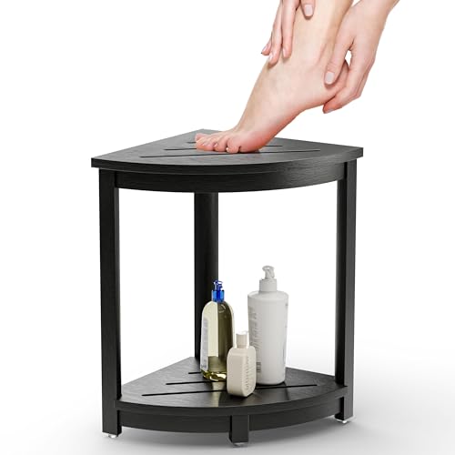 HOLANA 18" Wood Corner Shower Bench & Corner Shower Stool with Storage Shelf - Footrest for Shaving Legs - Bath Step for Small Spaces - Perfect for Indoor or Outdoor (Black) - color: Black