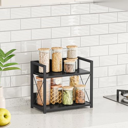 Giikin Kitchen Counter Shelf, 2 Tier Kitchen Spice Rack Organizer for Countertop, Wood Coffee Bar Organizer for Home (Black, S) - color: Black, size: Small